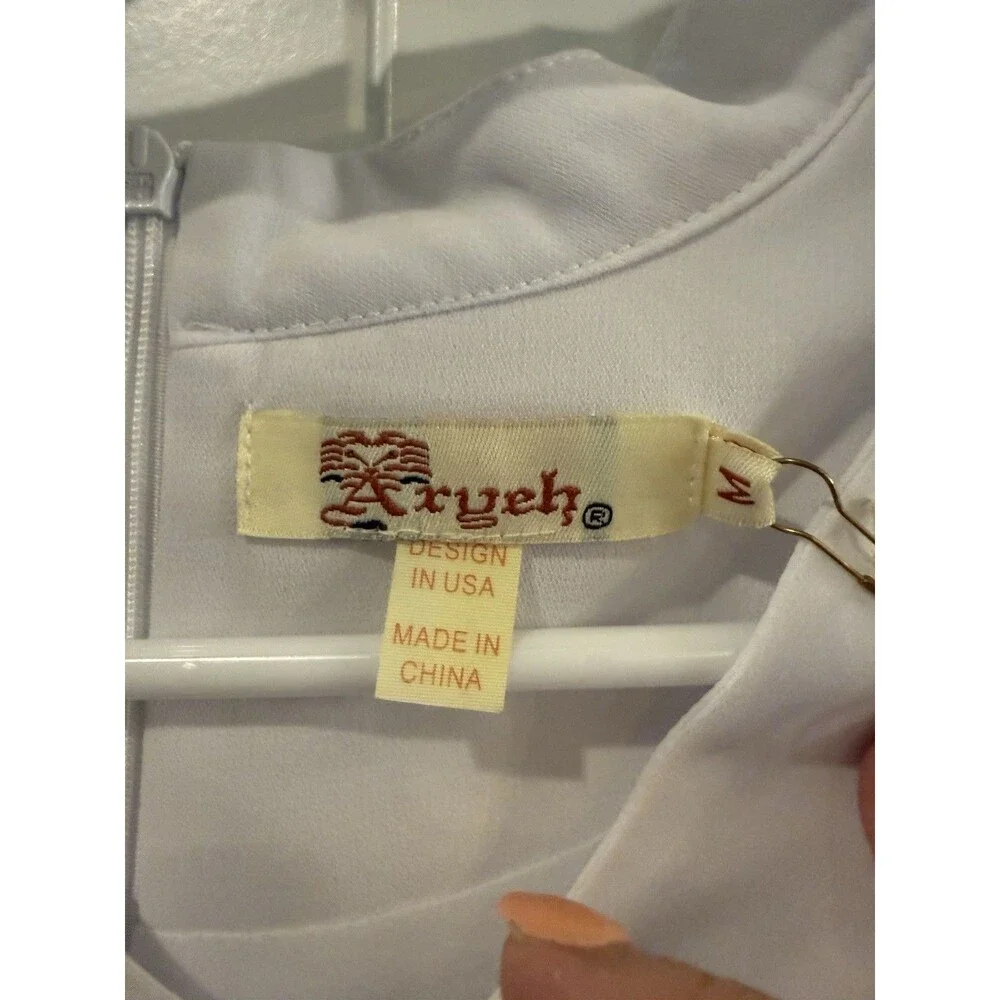 Aryeh Womens M White Solid Choker Top Blouse Ruffle Keyhole 3/4 Sleeve TP-Y-690 - Picture 2 of 9